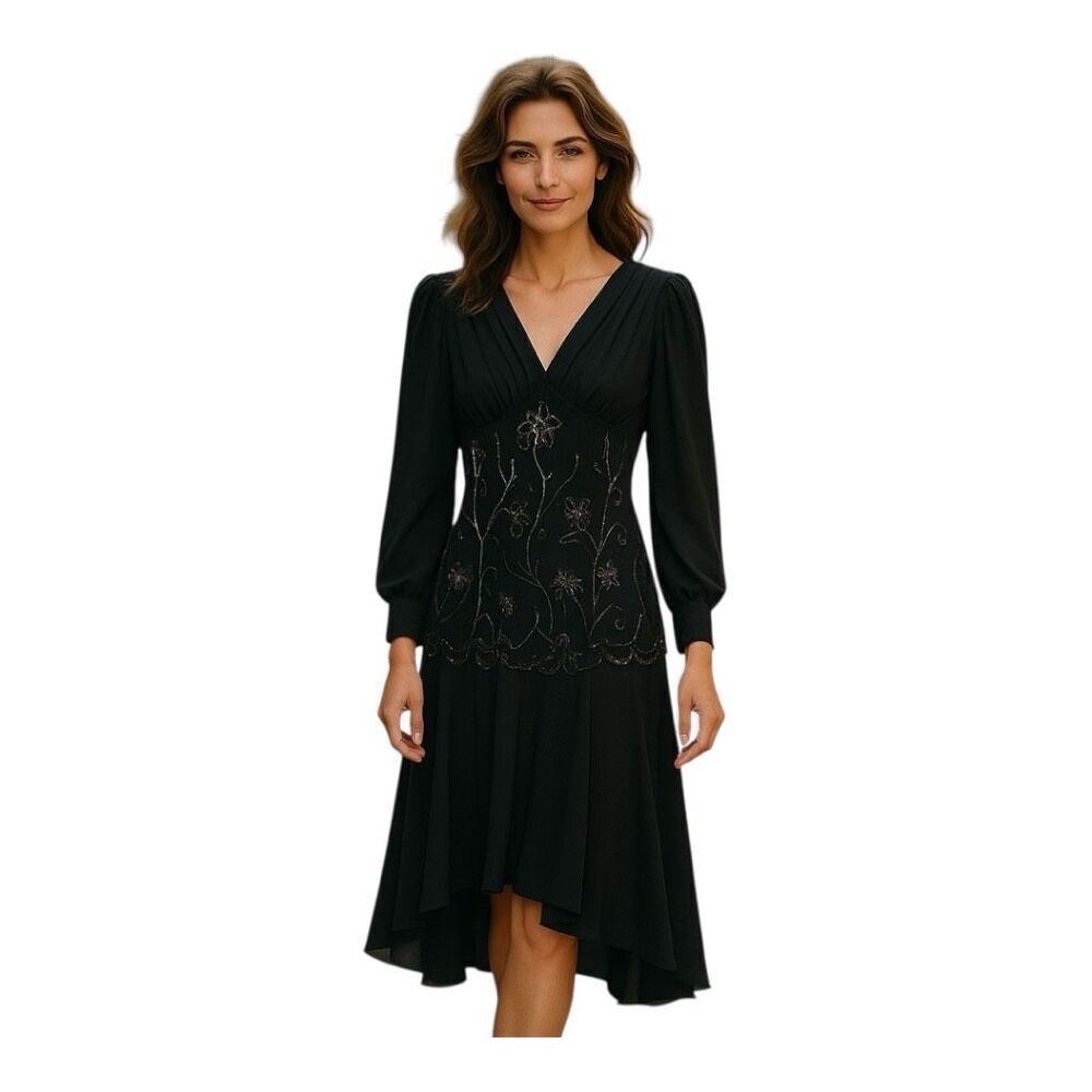 Vintage Lillie Rubin 8 Drop Waist Swing Dress Black Beaded Floral Sheer Sleeve